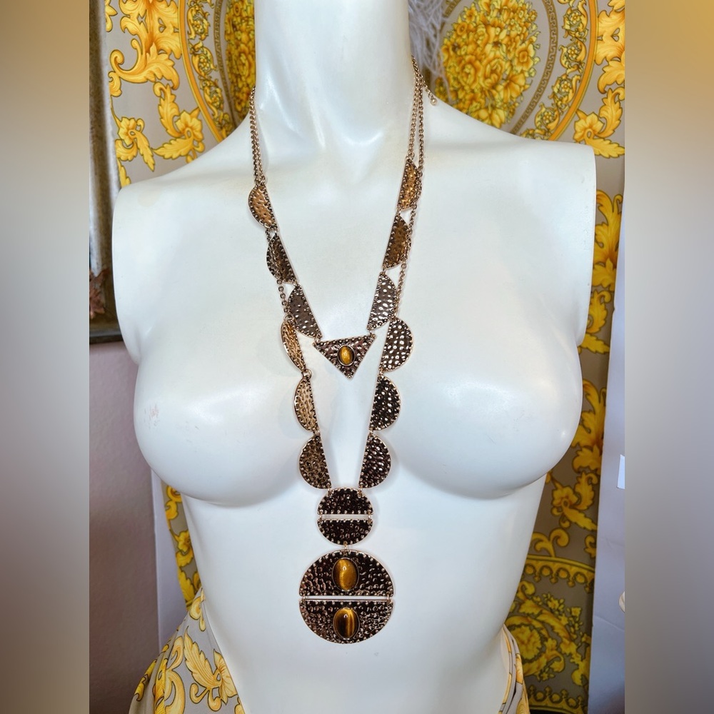 Antique Gold plated hammered Tiger Eye layered adjustable necklace
